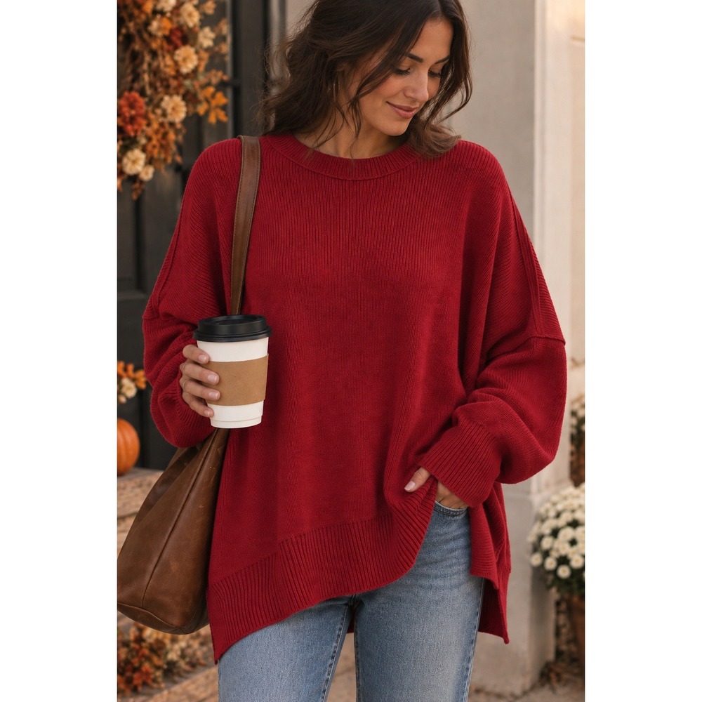 Free People Easy Street Tunic Sweater Berry Red Oversized Ribbed Knit Medium